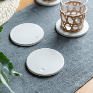 Coaster Set: 4 x Round White Star Embossed Coasters, Ceramic