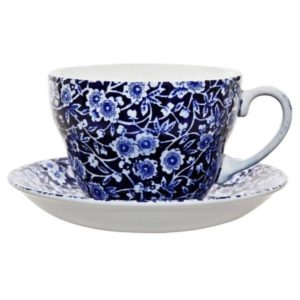 Tea Cup and Saucer: 1 x 425ml Burleigh Blue Calico Breakfast Cup and Saucer, Ceramic