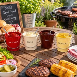 Buckets: 4 x Ketchup Mustard Mayo and BBQ Buckets, Steel