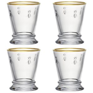 Low Ball Glasses: 4 x 260ml La Rochere Bee Gold Rimmed Footed Tumblers, Glass