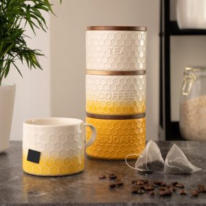 Tea, Coffee, Sugar Jar Set: 3 Piece Kitchen Pantry Stacking Storage Jars, Yellow