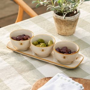 Dip Bowl Set : 3 x 9.5cm Honey Bees Stoneware Nibbles Bowl, Stoneware