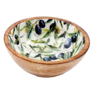 Bowl: 1 x 17.5cm Small Olive Design Enamel Bowl, Wood