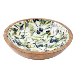 Bowl: 1 x 25cm Medium Olive Design Enamel Bowl, Wood