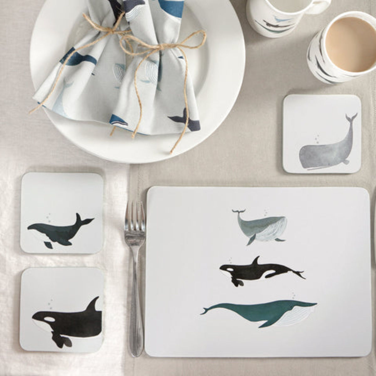 Coaster Set: 4 x Sophie Allport Whales Coasters, Cork Backed