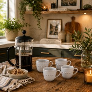 Mug Set: 4 x Organic Beaded Mug White, Porcelain