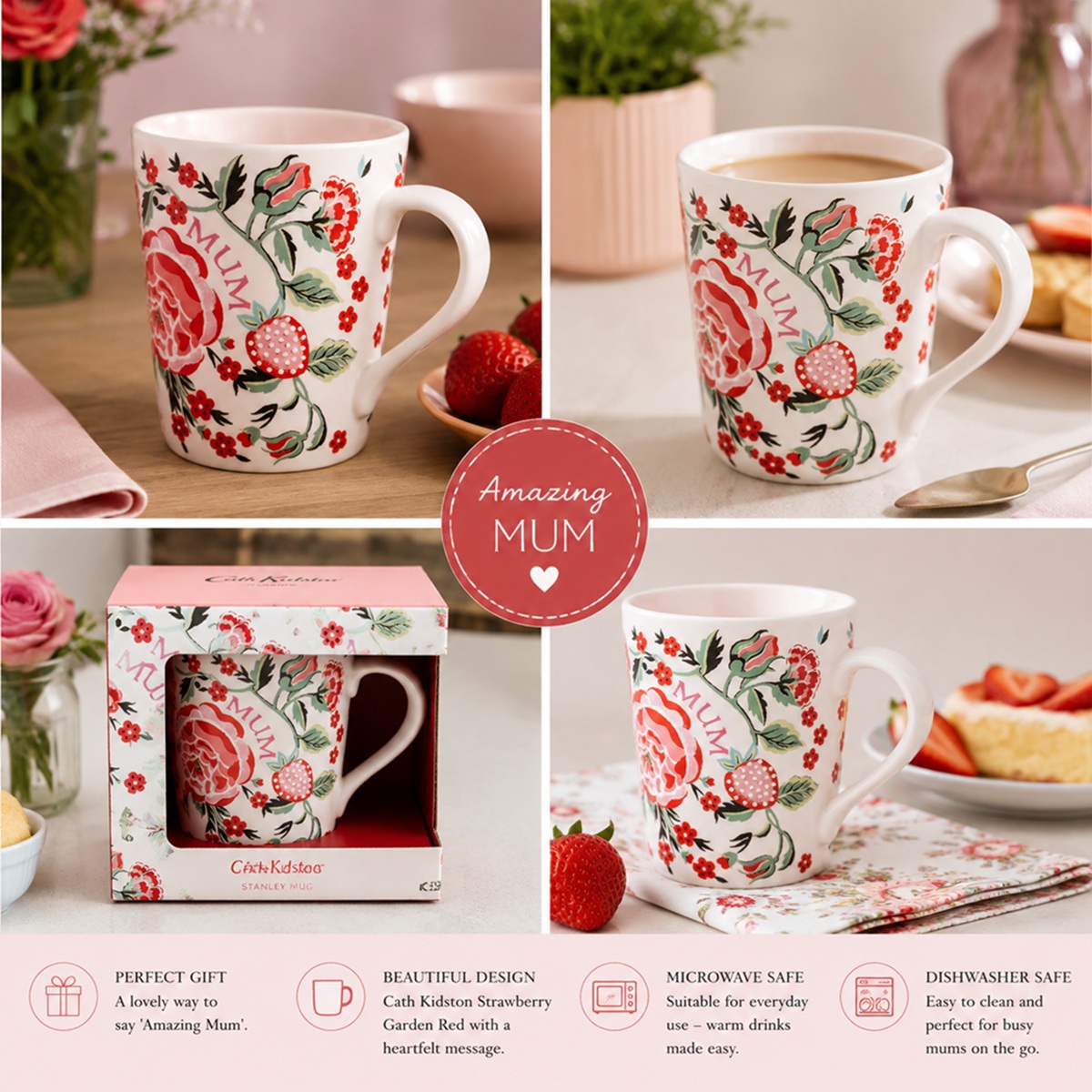 Mug: 1 x Cath Kidston Strawberry Garden Red 'Amazing Mum' Stanley Mug, Ceramic