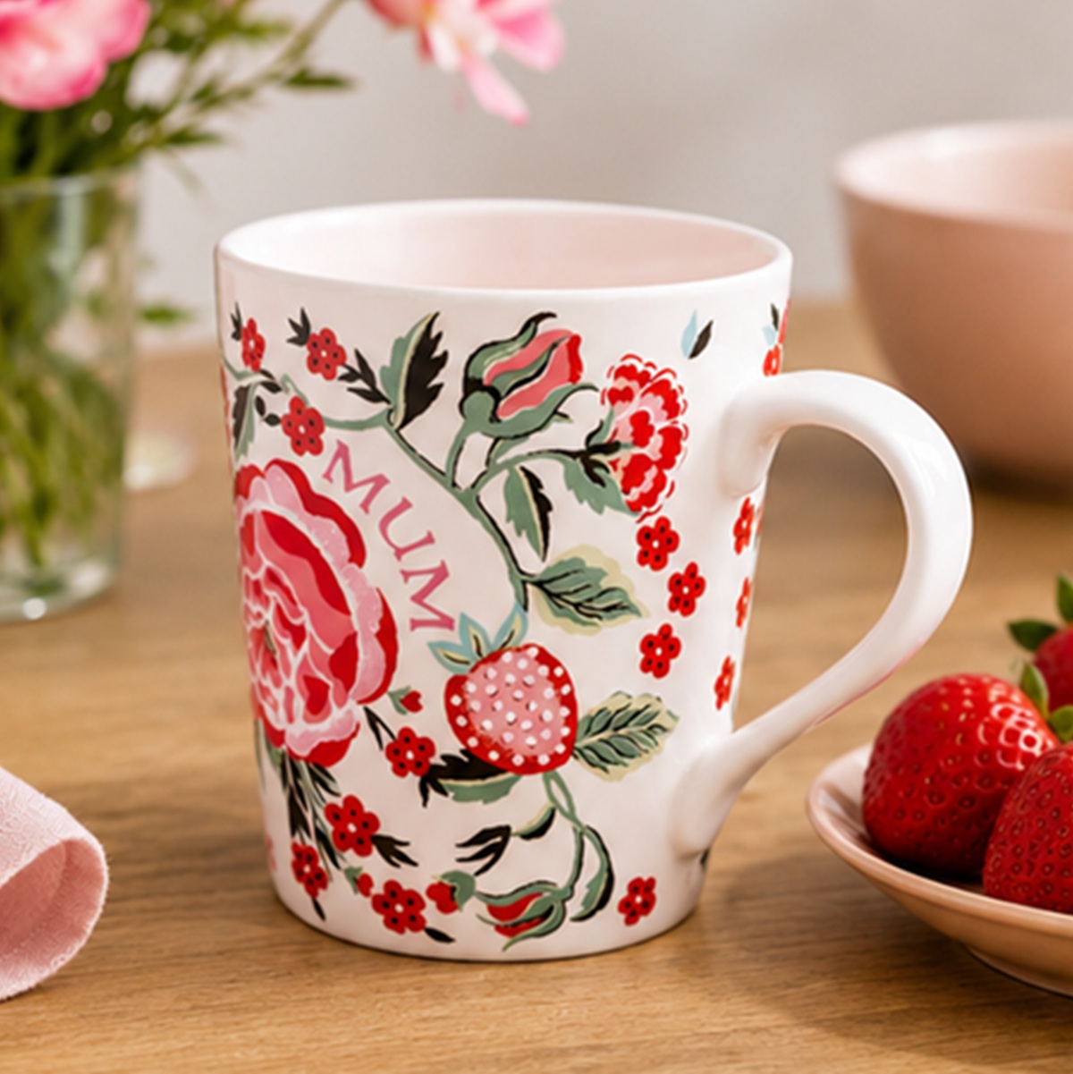 Mug: 1 x Cath Kidston Strawberry Garden Red 'Amazing Mum' Stanley Mug, Ceramic