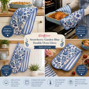 Oven Glove: Cath Kidston Strawberry Garden Blue Double Oven Glove, 100% Cotton
