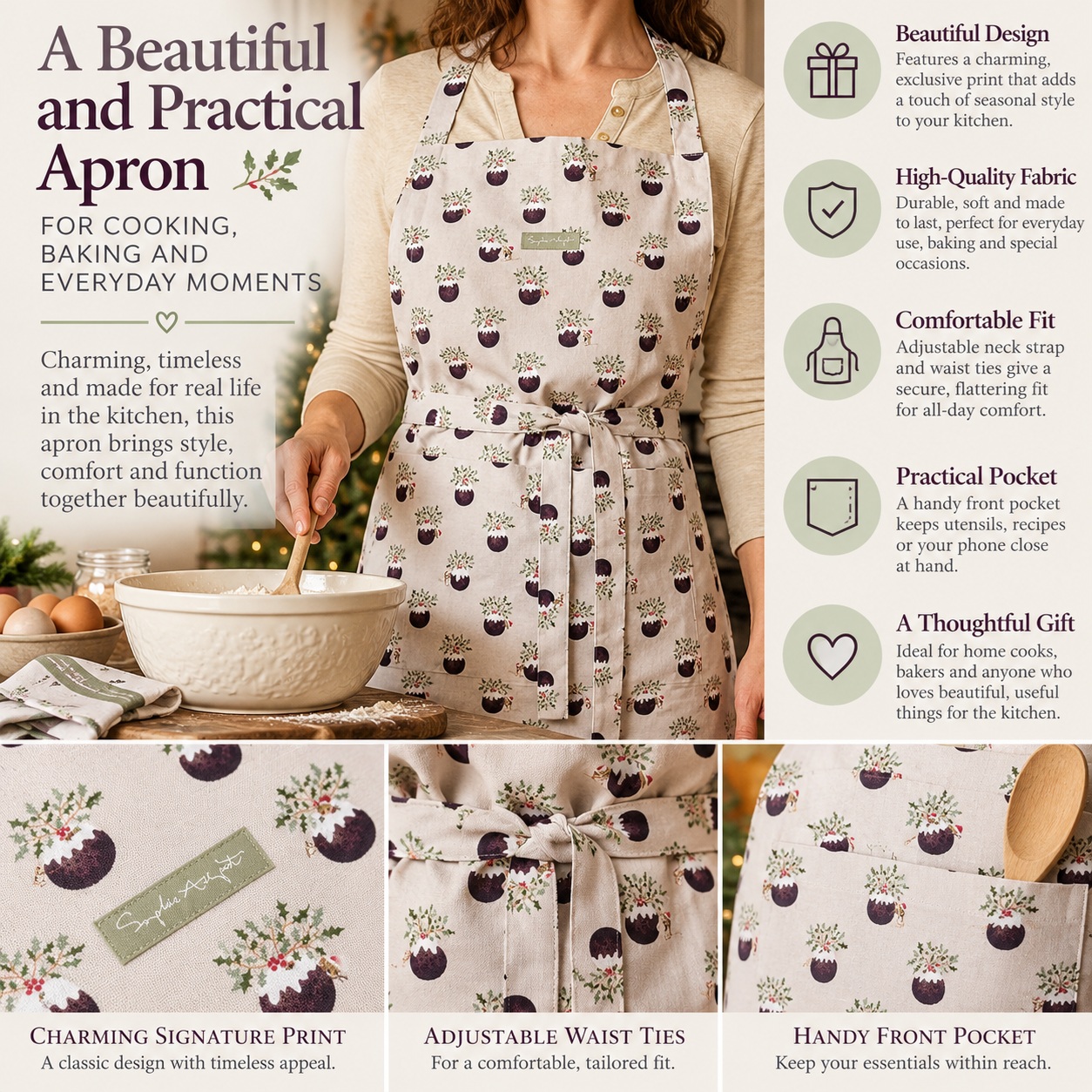 Apron: 90cm x 72cm Sophie Allport Christmas Puddings Adult Apron, Cotton