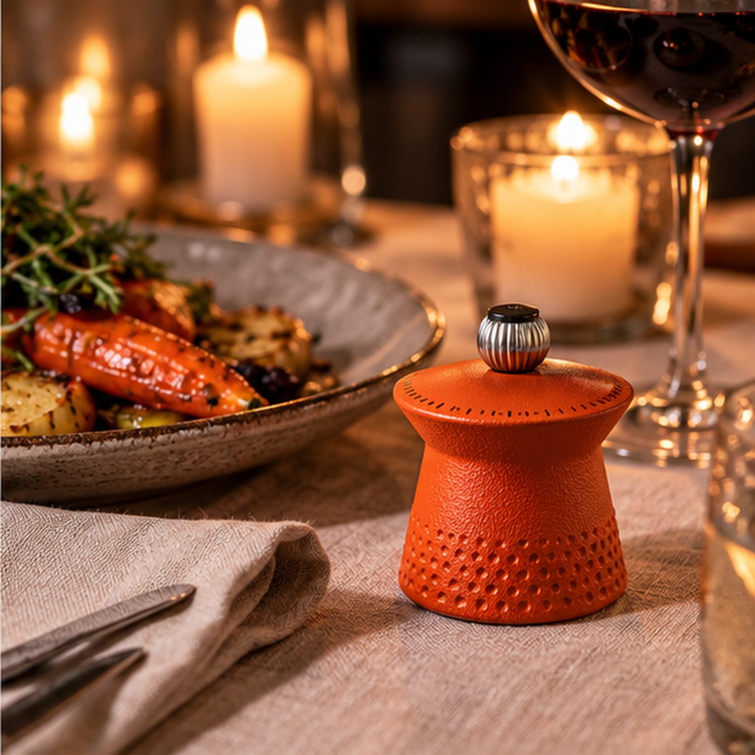 Orange Peugeot Bali Fonte cast-iron pepper mill alongside roasted vegetables at a candlelit dining table