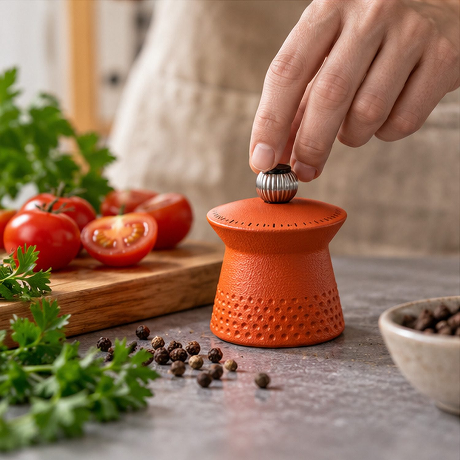 Orange Peugeot Bali Fonte cast-iron pepper mill on a kitchen worktop beside tomatoes, herbs and peppercorns