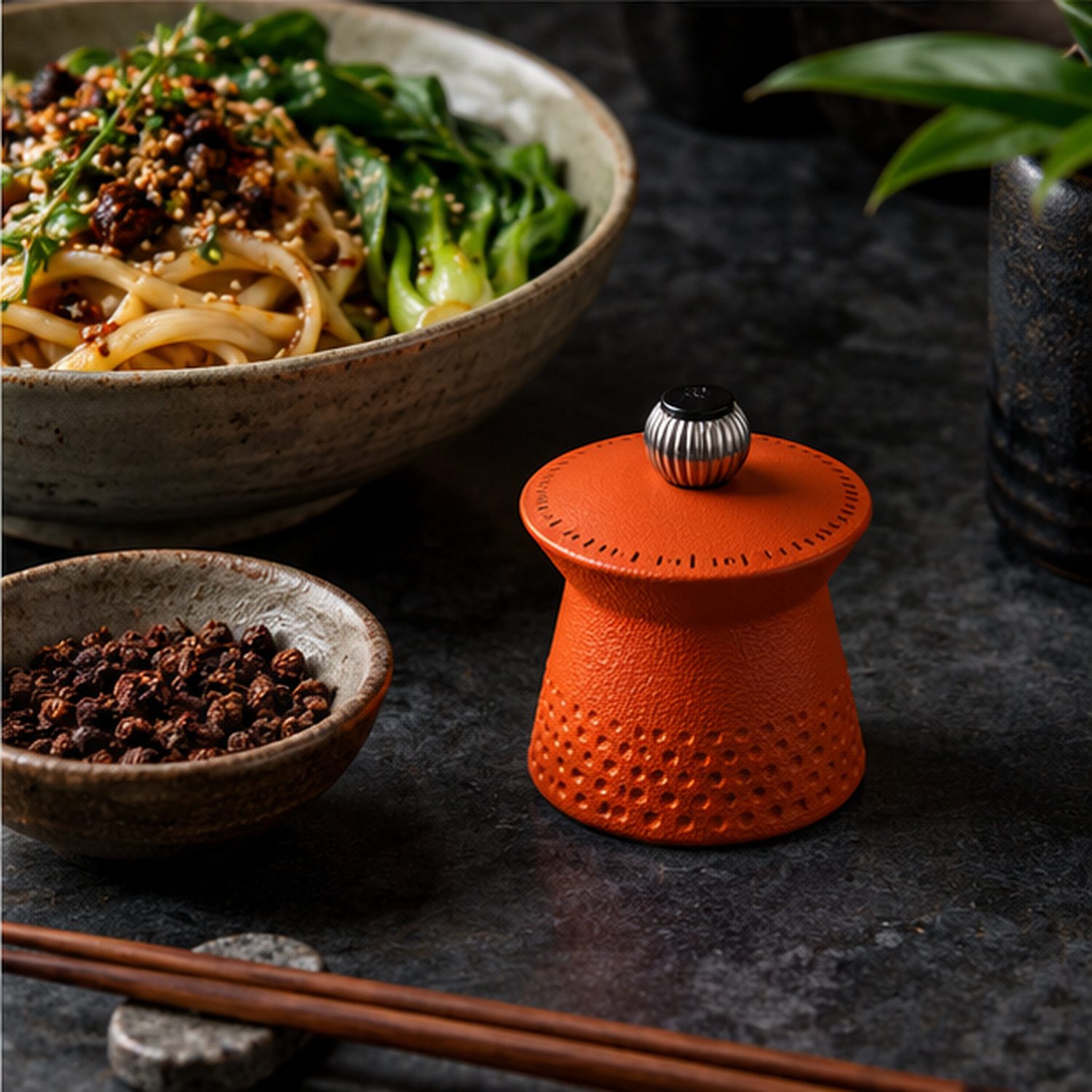Orange Peugeot Bali Fonte cast-iron pepper mill with peppercorns and a noodle dish on a dark dining table
