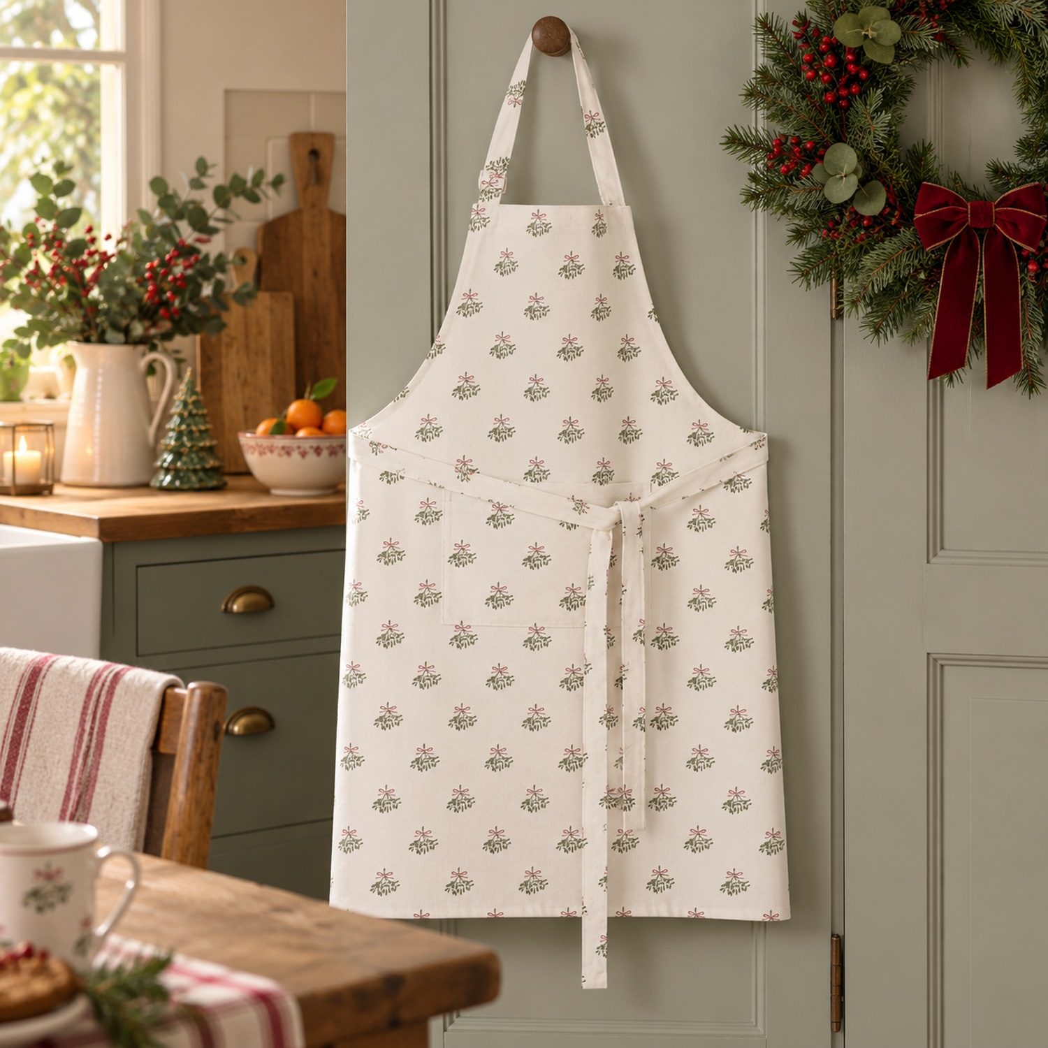 Sophie Allport Mistletoe apron hanging on a kitchen door beside a festive wreath
