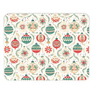 Tuftop Christmas Vintage Bauble 40 x 30cm rectangular glass worktop protector with red, green and gold baubles, foliage and stars on a pale background